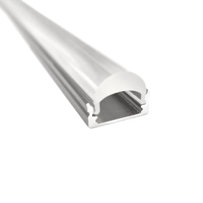 Close-up of an aluminium LED profile with a rounded diffuser on a white background, elegant design and modern lighting solution.