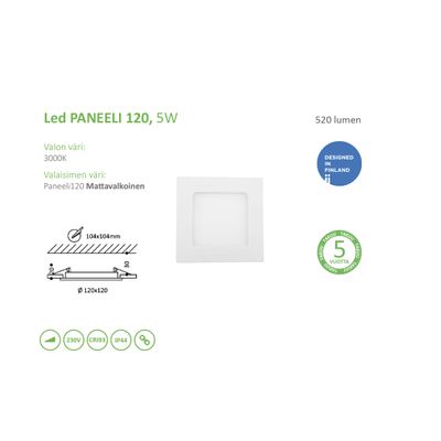 White 6W LED panel light, 540 lumens, design details, dimensions shown; 5 year warranty mark on right side.