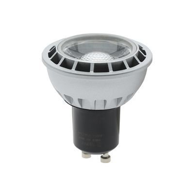 GU10 base white LED lamp, side view with white base. Energy efficient lighting suitable for modern spaces.