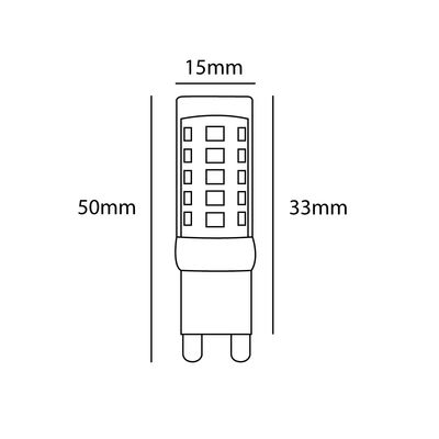 Line drawing of LED bulb, height 50 mm, width 15 mm, length 33 mm, with rectangular lattice pattern for LED lighting shop.