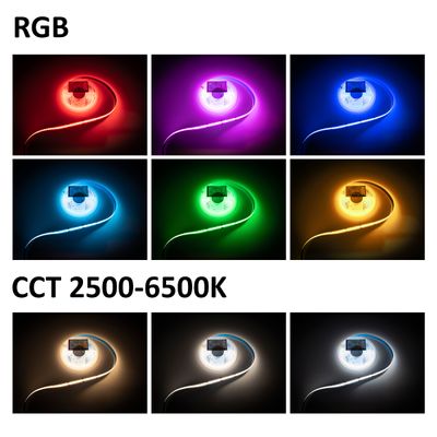 LED strip lights that display multiple colours and colour temperatures; RGB, warm white, cool white lighting options.