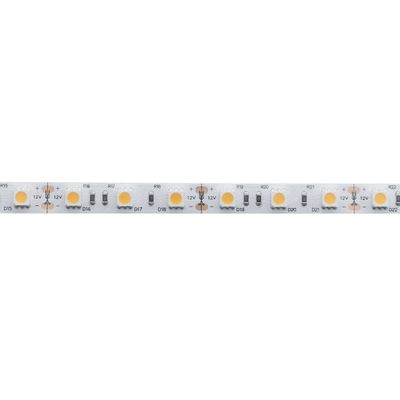 Close-up of a white LED strip with small, evenly spaced circular LEDs and resistors in a linear pattern for efficient lighting.