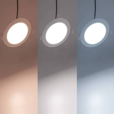 Three circular ceiling lights showcasing warm, neutral and cool white colour temperatures in a LED lighting solution.