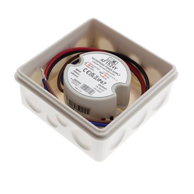 Round electrical connector with coloured wires, marked input and output terminals - high quality LED lighting components.