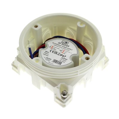 Waterproof round LED driver, white housing, input/output wires, detailed label for lighting installation.