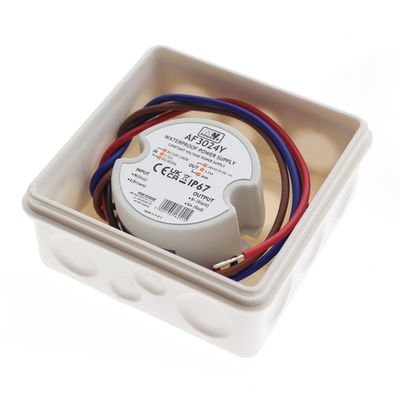 Line drawing of a cylindrical LED controller, diameter 67 mm, height 25 mm, with two side wires. Ideal for LED lighting installations.