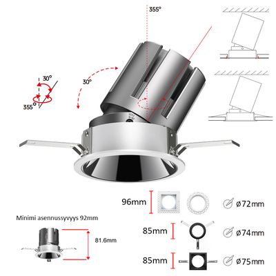 Adjustable flush-mounted downlight chart with tilt and swivel angles, mm dimensions and installation instructions.