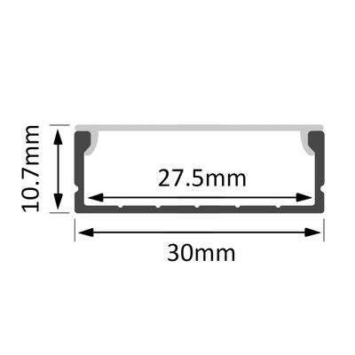 Cross-sectional diagram of a rectangular LED channel: 27.5 mm wide, 30 mm base and 10.7 mm height, ideal for optimising LED lighting installations.