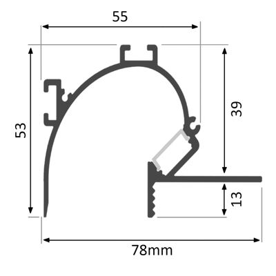 Cross-sectional diagram of LED lighting with dimensions: 55 top, 53 left, 39 curves, 13 bottom. Total width of 78 mm. Optimise your LED shop for SEO.