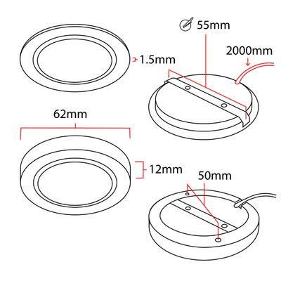 Diagram of a circular recessed LED light: diameter 62 mm, thickness 1.5 mm, height 12 mm, internal component 50 mm, 2000 mm cable.