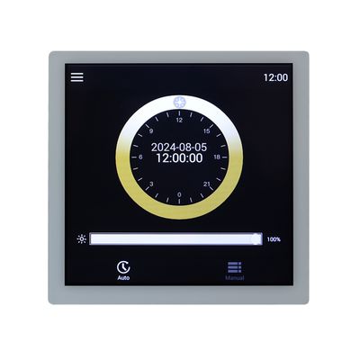 Digital user interface with clock set to 12:00, date 2024-08-05 and brightness/status controls for LED lighting.