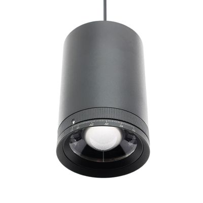 Top view of a cylindrical black LED fixture with a central wire and vented cover for efficient lighting solutions.