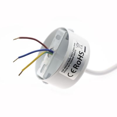 White electrical component for LED lighting with four visible coloured wires and CE RoHS certification for safety and compliance.