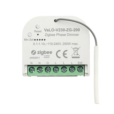 Zigbee-certified phase dimmer VaLO-V230-ZG-200, small white design, grey reset button and multiple interface ports for LED lighting control.