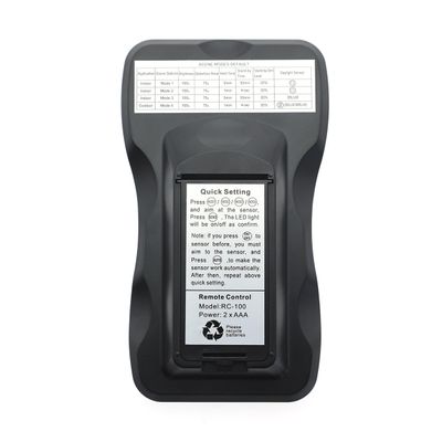 Remote control displays LED light settings and instructions for adjustable brightness, colour and modes. Ideal for intelligent lighting systems.