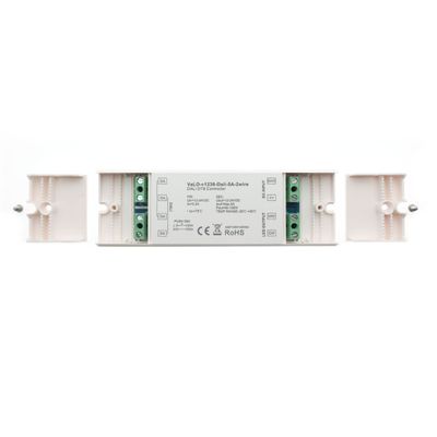White electrical device for LED lighting with double connector, wire connectors and CE and RoHS certificates. Ideal for professional use.