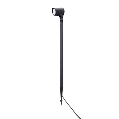 Outdoor LED spotlight with black spike mount, narrow pole and attached power cord for garden and corridor lighting.