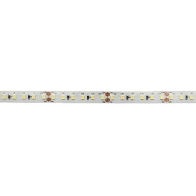 Close-up of a white LED strip light, showing individual LED lamps and copper contacts for efficient lighting.