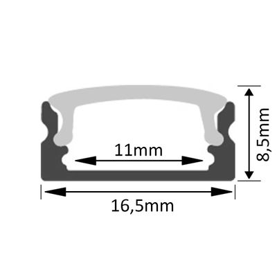 Cross section LED lamp housing, width 16,5 mm, inner width 11 mm, height 8,5 mm.