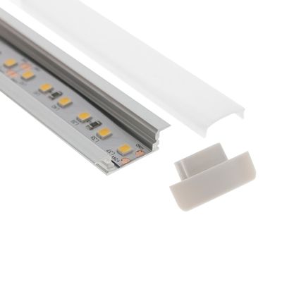Partially assembled LED strip luminaire in aluminium channel with frosted cover, end cap removed, ideal for versatile modern lighting solutions.