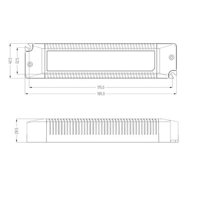 Technical drawing of a LED wall light, rectangular and marked dimensions, including front and side views. Ideal for contemporary lighting solutions.