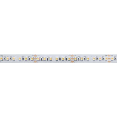 Close-up of an LED strip light with several small LED lights and electronic components in a straight line. An energy efficient lighting solution.