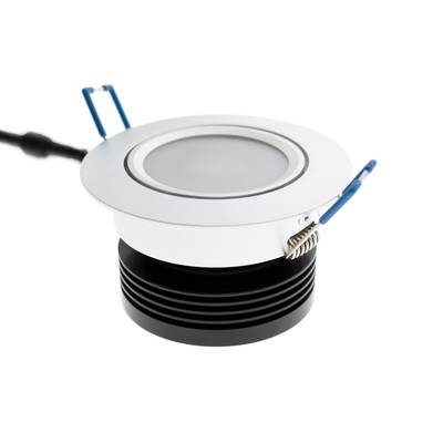 Circular LED downlight with wiring and green LED driver on a white background for energy efficient lighting solutions.