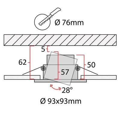 Diagram of the installation of a recessed rectangular luminaire with dimensions: aperture diameter, luminaire size and mounting angle for accuracy.