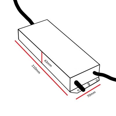 Schematic of a 210 mm x 43 mm x 70 mm rectangular object, ideal for visualising LED lighting dimensions and installation spaces.