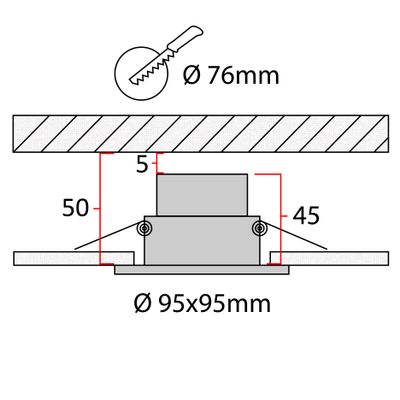 Technical drawing of a square recessed LED luminaire: diameter 95 mm, depth 55 mm and aperture size 78 mm.