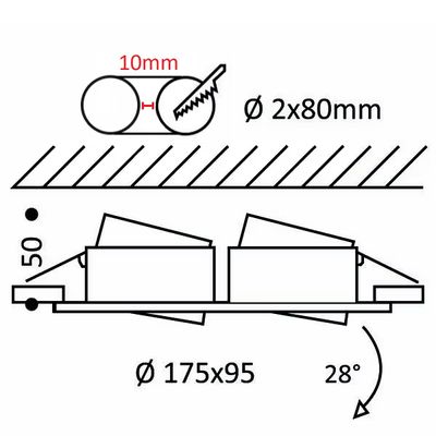 Technical diagram of LED lighting components: cylindrical parts, dimensions (10mm, diameter 2x80mm, 175x95) and 28° inclination with dimensions.