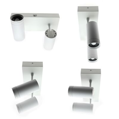 Alternative text: 'Adjustable white spotlight with cylindrical lights on a rectangular base - four different views of the LED lighting display in the shop.