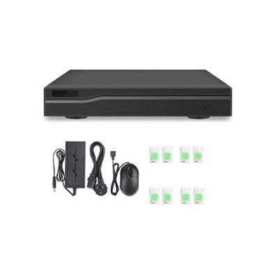 Black electronic device with accessories: power supply, mouse, six Ethernet connectors. Displayed on a white background with LED illumination for SEO.