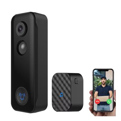 Smart doorbell and security camera kit with Tuya logo; includes a clock and a smartphone that displays a video call for package delivery.