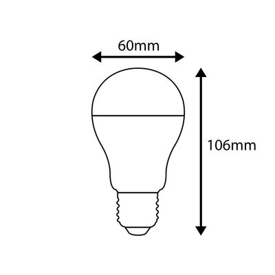 Line drawing of an LED lamp, 60 mm wide and 106 mm high, ideal for energy efficient lighting solutions. Perfect for home and business use.