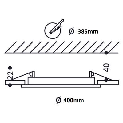 Technical diagram of the round LED light: diameter 400 mm, recessed 40 mm, mounting 22 mm, ceiling opening 385 mm.