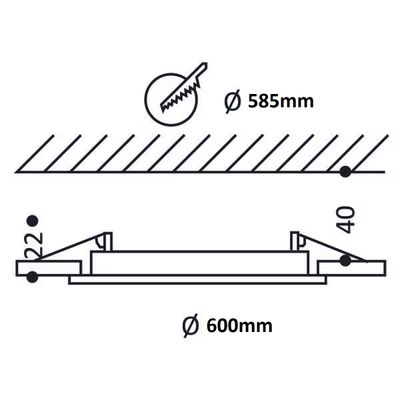 Diagram of a round LED ceiling light, diameter 600 mm. Includes marked mounting dimensions and sawing size 585 mm for installation.