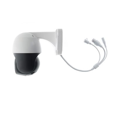 Stylish wall-mounted dome camera with attached cables in white and black, ideal for enhancing the security of your LED light shop.
