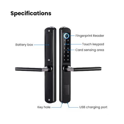 Smart door lock with fingerprint reader, touch keypad, card reader, USB charging port, battery compartment and keyhole.
