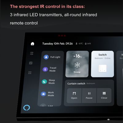 Intelligent control panel with weather forecast, home automation features and lighting/curtain controls in a modern LED lighting shop.
