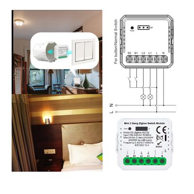 Picture of smart switch module cables in a modern hotel room. Showcasing ambient LED lighting and switches for ease of use.