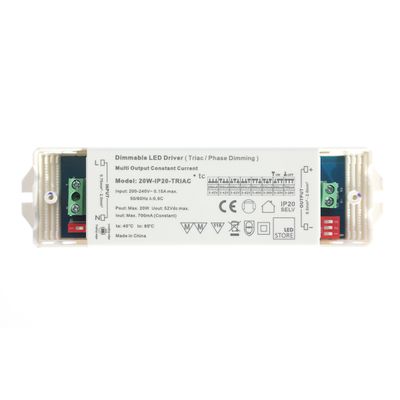Diagram of eight LED settings with on/off switches, 250mA-700mA current, 3-42V - 3-29V voltage - optimise your LED lighting options.