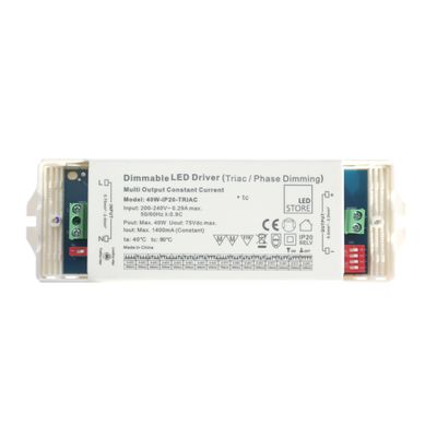Image of a rectangular dimmable LED controller with various electronic components and printed specifications in a stylish white case.