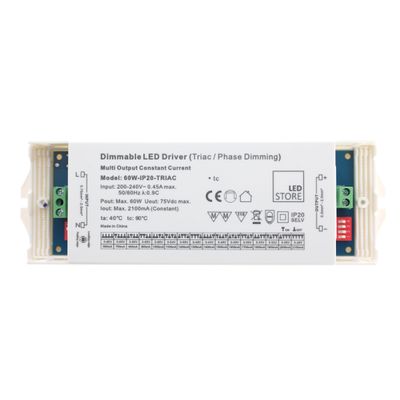 White dimmable LED controller from "LED Store" with voltage information and connectors at both ends, ideal for efficient lighting solutions.