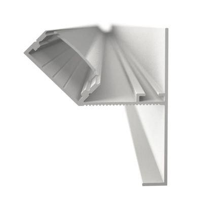 3D rendering of a grey L-shaped metal profile with clear grooves and ridges, set against a white background, ideal for LED lighting installations.