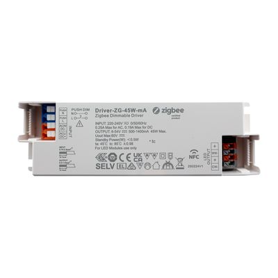 Dimmable Zigbee controller with technical information and logos; rectangular, multicoloured wire connectors on the sides for LED lighting.