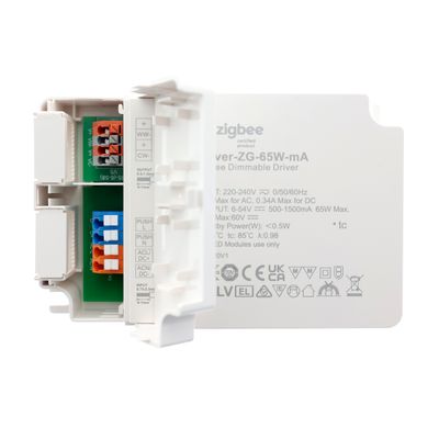 Zigbee-certified smart dimmable controller with front panel information and visible internal connections, ideal for LED lighting systems and smart home setups.