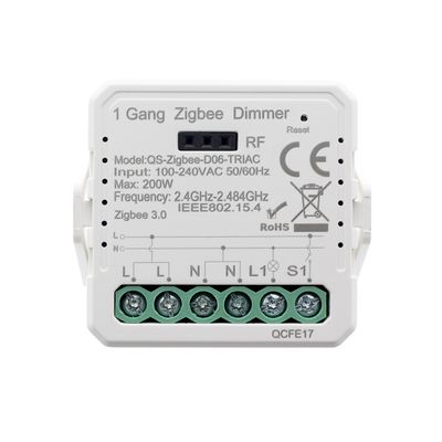 White electronic relay module for LED lighting, labelled connectors, plastic mounting bracket