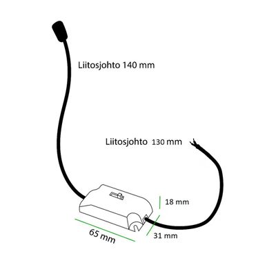 LED lighting diagram with two cables, dimensions 140 mm, 100 mm and size 65x15x15 mm