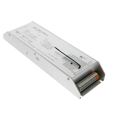 Rectangular LED controller with white housing with input/output connectors and labelled specifications on the top surface.